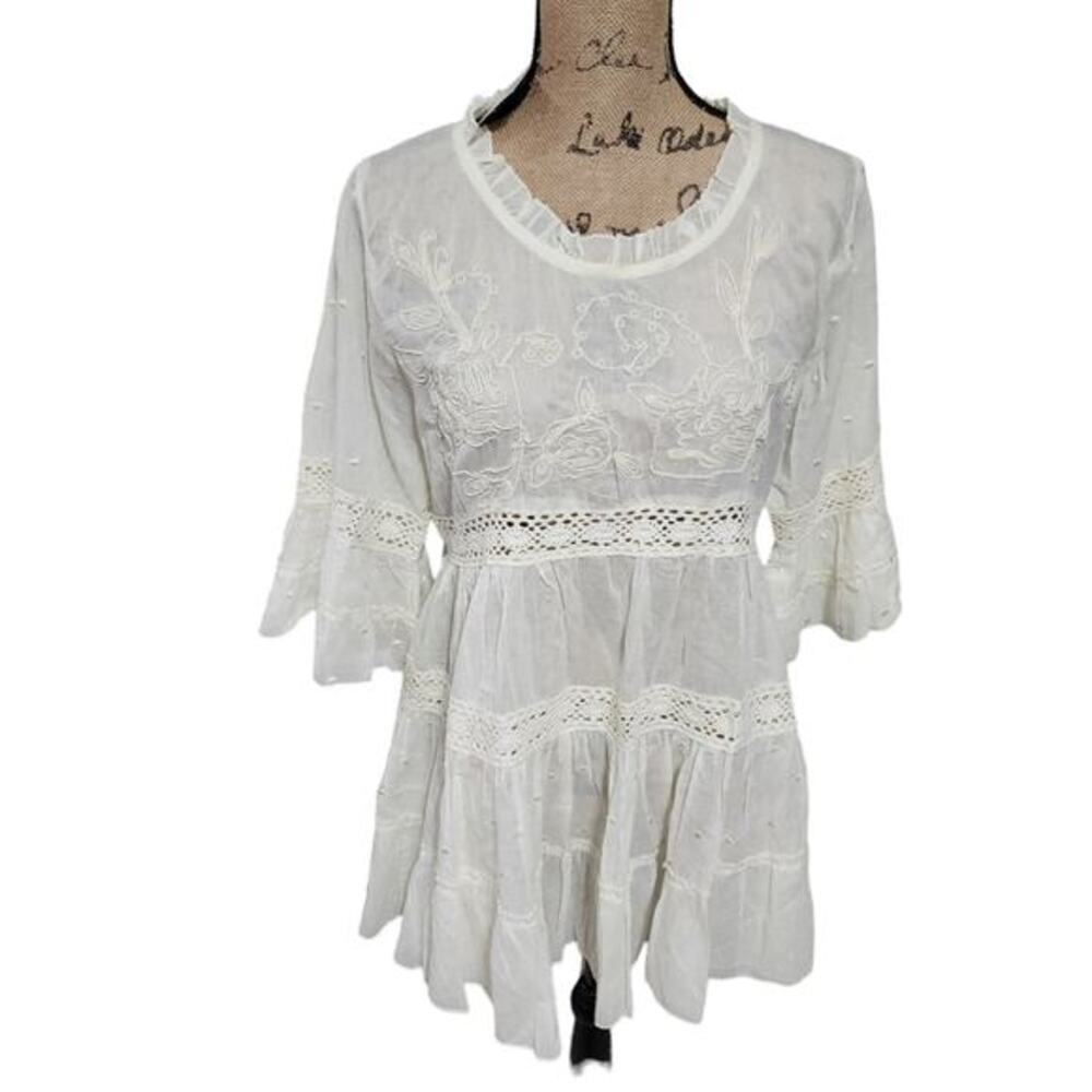 Indigo Thread Co White Cotton Gauze Embroidered Lace Tunic Top Large Boho Bell